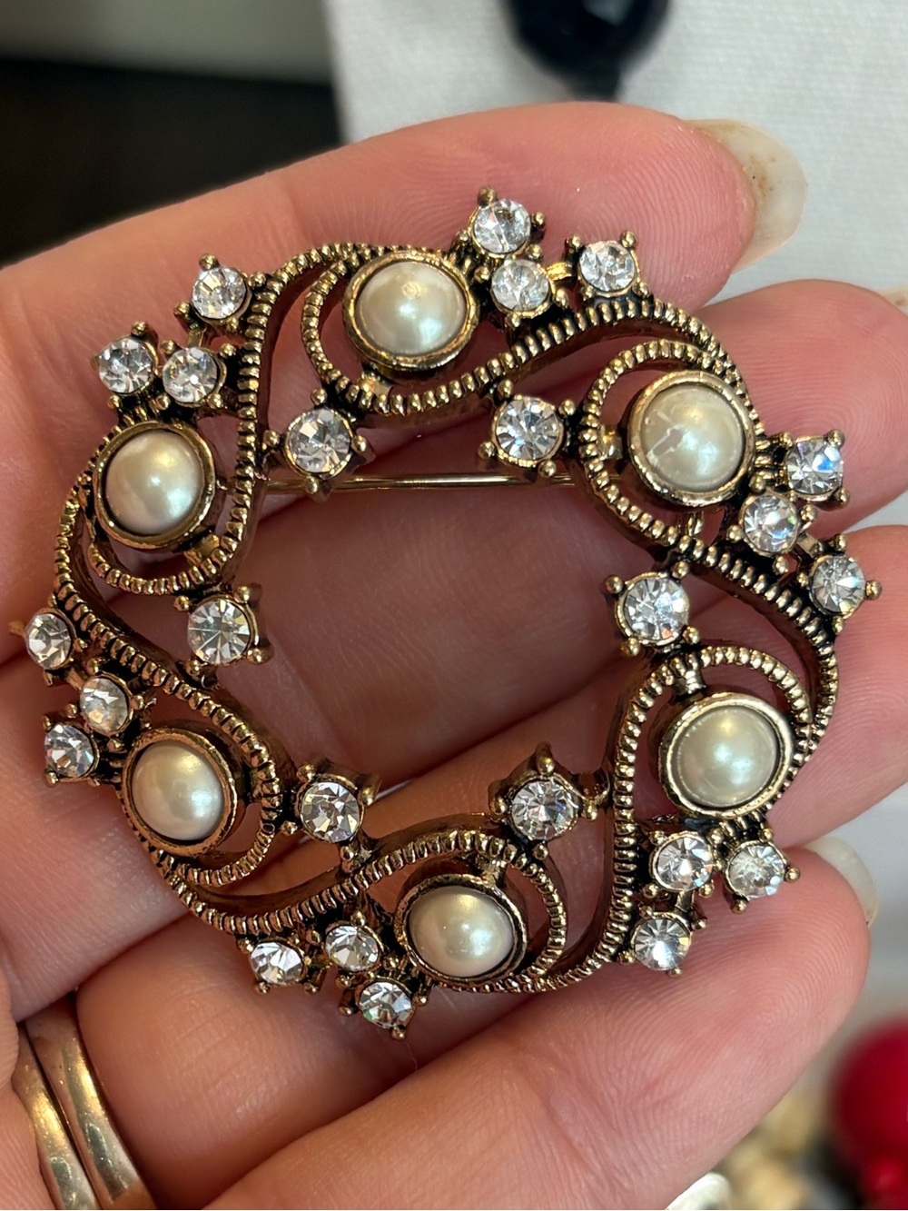 Vintage Monet Pearl Rhinestone Wreath Brooch